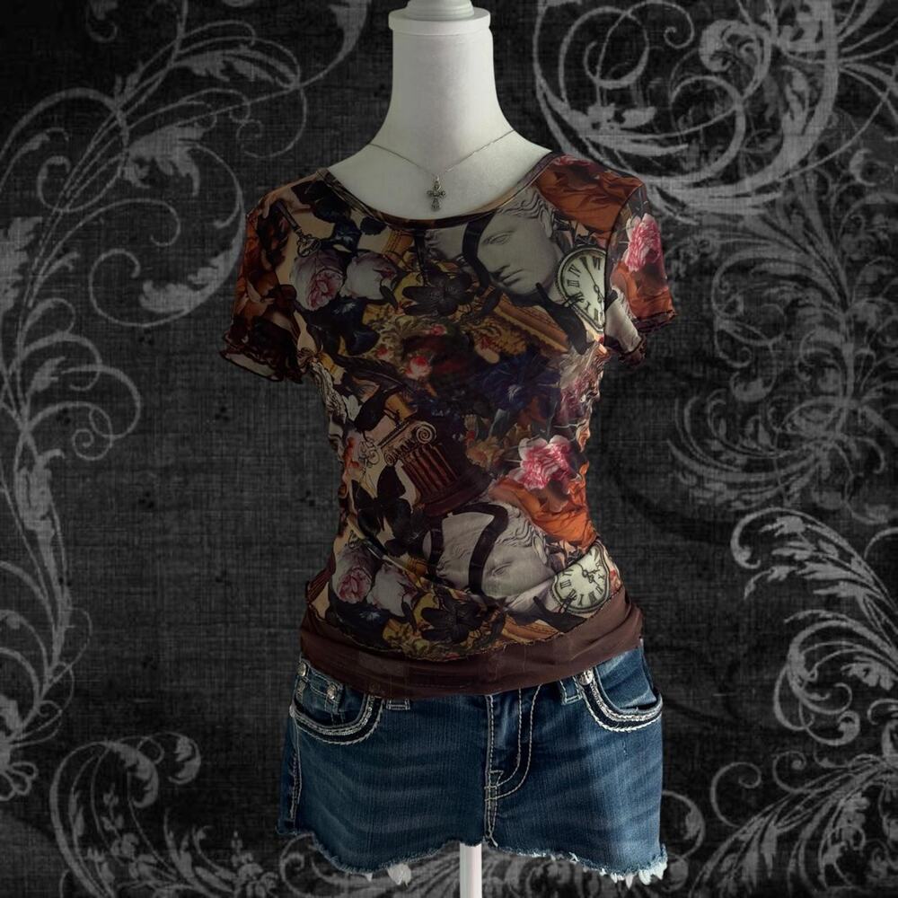 statues roses skulls butterflies vintage roman clocks gothic columns brown top